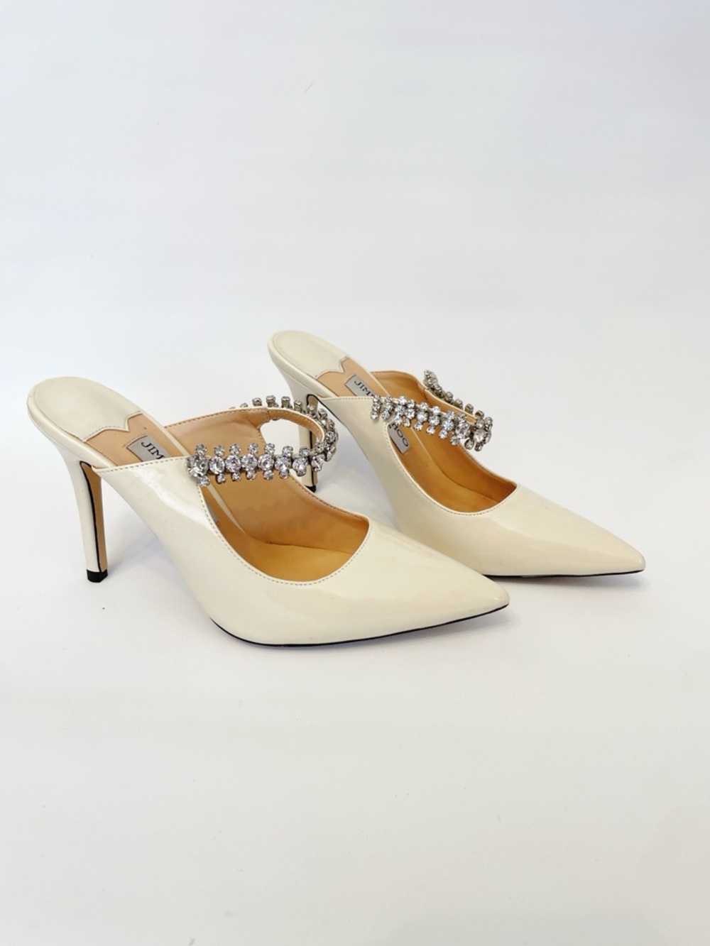 Jimmy Choo Bing 100MM Embellished Patent Leather Mules Ivory Crystal womens 7 38 - Picture 10 of 10